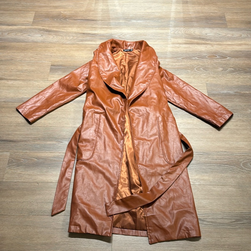 Cognac faux leather trench jacket
